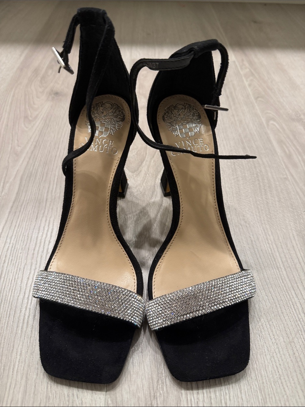 Vince Camuto Black Suede Ankle-Strap Heels with Crystal Toe Band